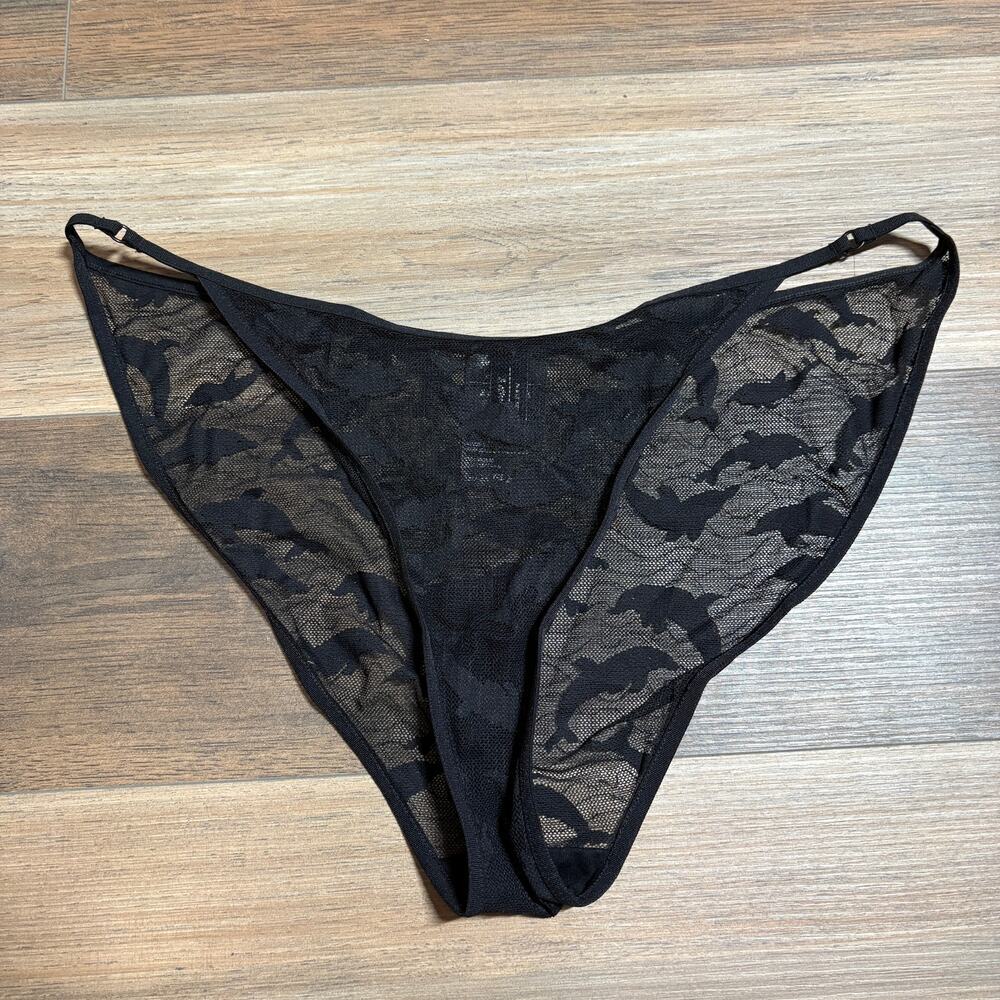 & Other Stories Womens 12 Dolphin Mesh String Bikini Panty Black Floral Sheer